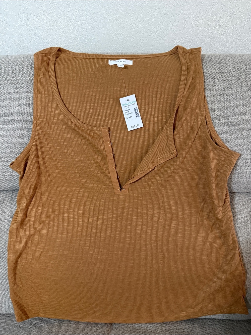 Maurice’s Sleeveless Ribbed Henley Tank Top - Rust - size large